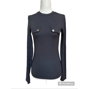 Zara Black Ribbed Top With Gold Button Faux Pocket Flaps, S